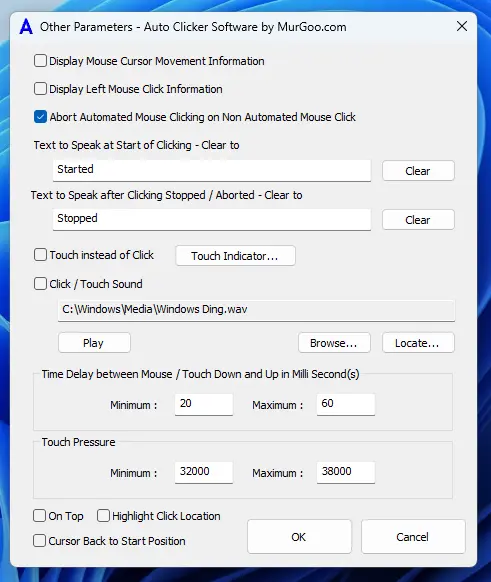 Screenshot of Configurable Parameters Screen of Auto Clicker Software