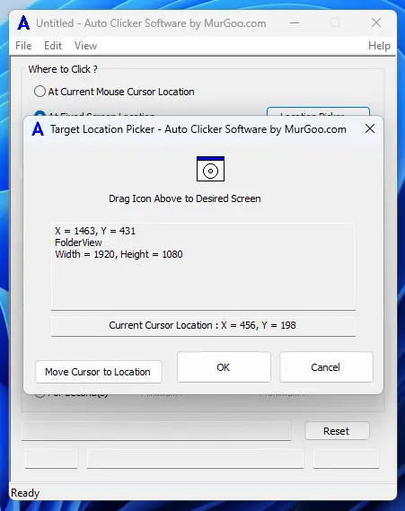 Screenshot of Fixed Location Picker in Auto Clicker Software to Pick pred-determined Screen Location at which to send Automated Mouse Click